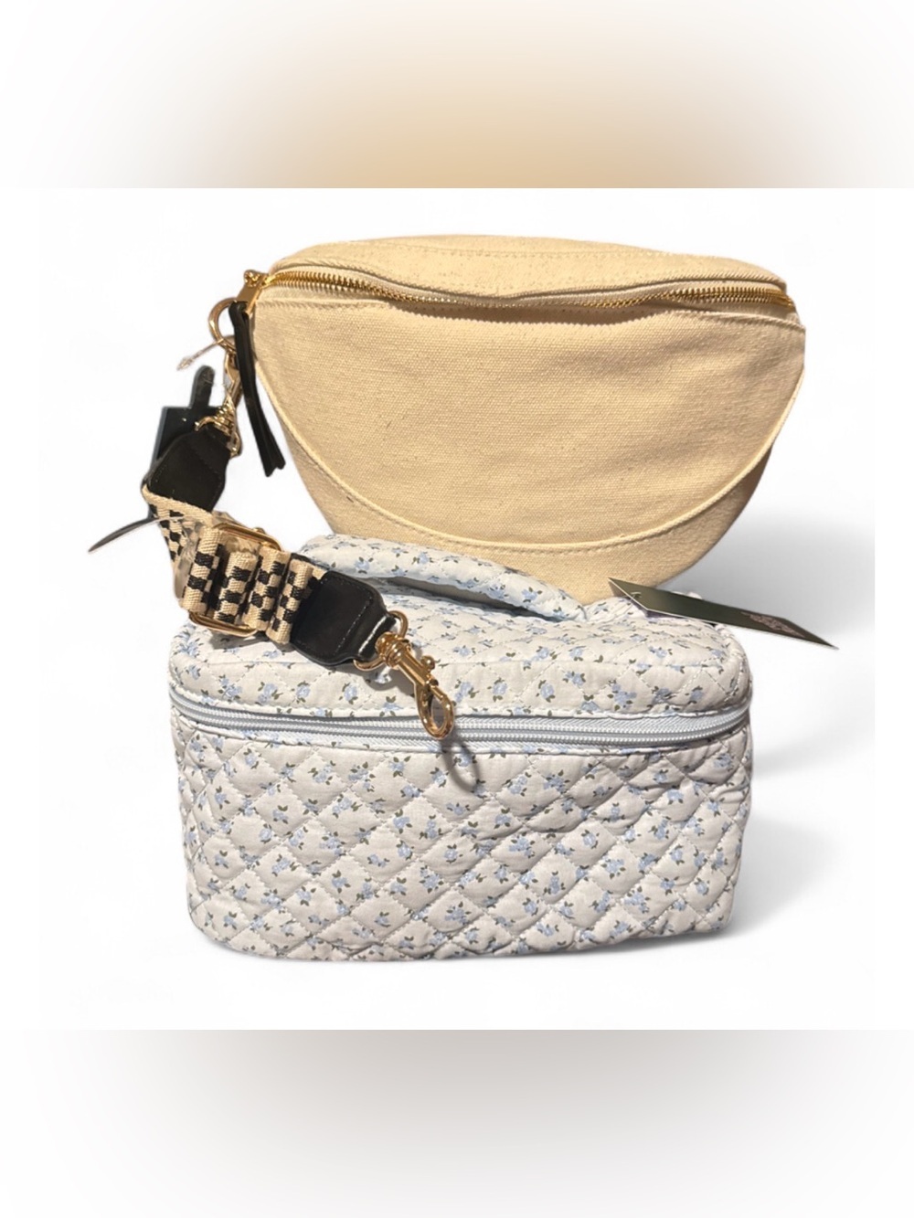Bundle: Offwhite Crossbody Bag and Quilted Floral Cosmetic Case